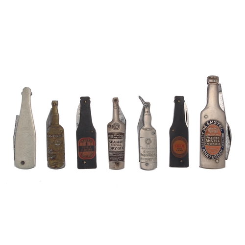 658 - Six novelty breweryana penknives, modelled as branded bottles including Amstel, Seager's Gin, S... 