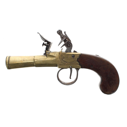 1080 - English early 19th century brass barrelled flintlock pocket pistol signed Styan, Manchester, mahogan... 