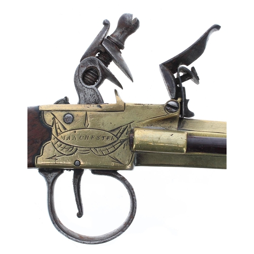 1080 - English early 19th century brass barrelled flintlock pocket pistol signed Styan, Manchester, mahogan... 