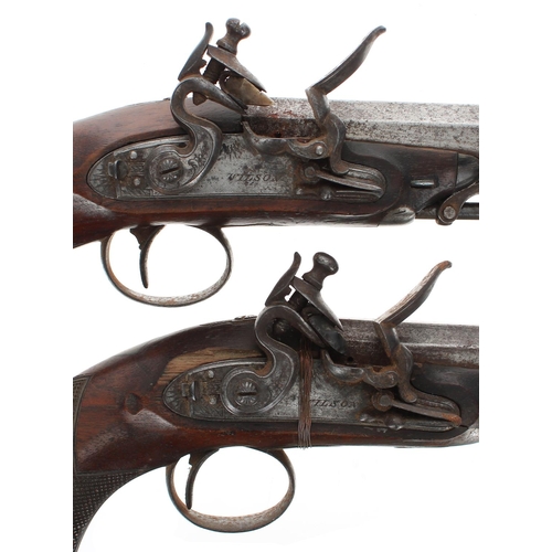 1081 - Pair of English 18th century flintlock travelling pistols signed Wilson, London, .550 calibre, with ... 