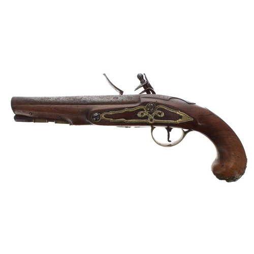 1085 - Late 18th century flintlock pistol signed Mewis & Co., with ramrod, walnut butt with an oval bra... 