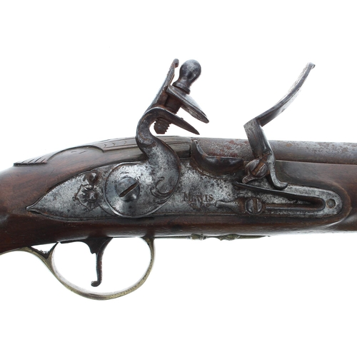 1085 - Late 18th century flintlock pistol signed Mewis & Co., with ramrod, walnut butt with an oval bra... 