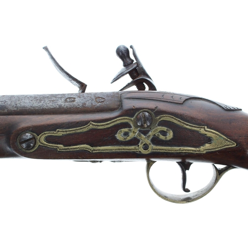 1085 - Late 18th century flintlock pistol signed Mewis & Co., with ramrod, walnut butt with an oval bra... 