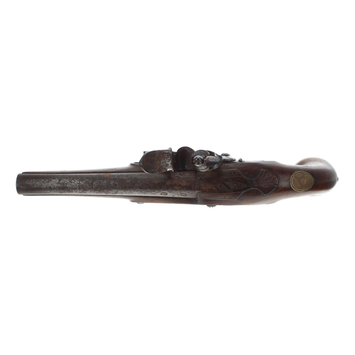 1085 - Late 18th century flintlock pistol signed Mewis & Co., with ramrod, walnut butt with an oval bra... 