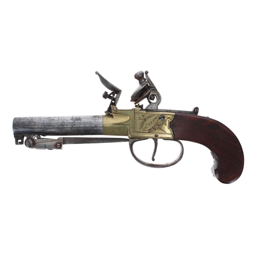 1087 - English flintlock box-lock pocket pistol with a spring bayonet signed Tysoe, Broad Martson, .440 cal... 