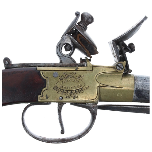 1087 - English flintlock box-lock pocket pistol with a spring bayonet signed Tysoe, Broad Martson, .440 cal... 