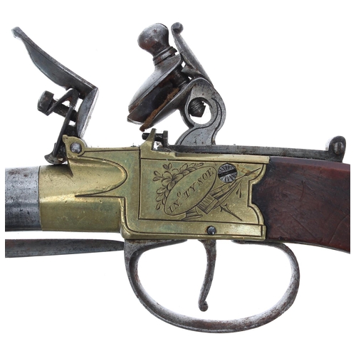 1087 - English flintlock box-lock pocket pistol with a spring bayonet signed Tysoe, Broad Martson, .440 cal... 