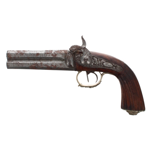 1088 - French 19th century over-and-under percussion capped two-shot pistol, indistinctly signed, .500 cali... 