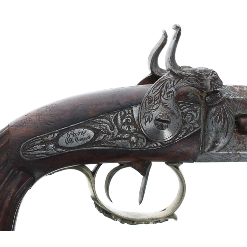 1088 - French 19th century over-and-under percussion capped two-shot pistol, indistinctly signed, .500 cali... 