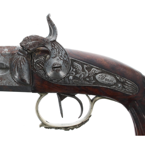 1088 - French 19th century over-and-under percussion capped two-shot pistol, indistinctly signed, .500 cali... 