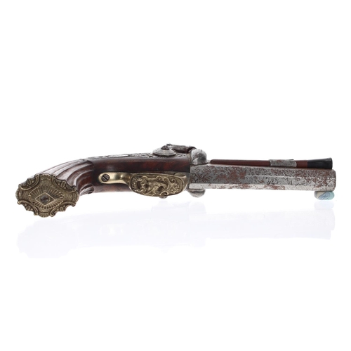 1088 - French 19th century over-and-under percussion capped two-shot pistol, indistinctly signed, .500 cali... 