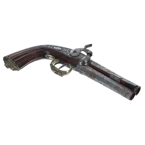 1088 - French 19th century over-and-under percussion capped two-shot pistol, indistinctly signed, .500 cali... 