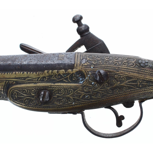 1092 - Balkan 19th century flintlock pistol, with Miquelet lock, rat tail butt clad, 21.5