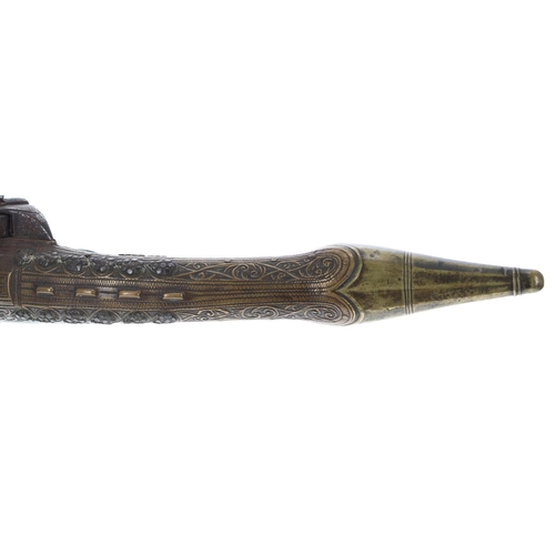 1092 - Balkan 19th century flintlock pistol, with Miquelet lock, rat tail butt clad, 21.5