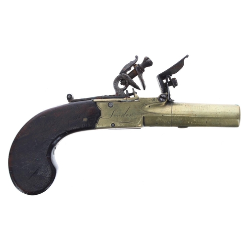 1093 - English late 18th century flintlock box-lock brass pocket pistol signed Knubley, London, .38 calibre... 