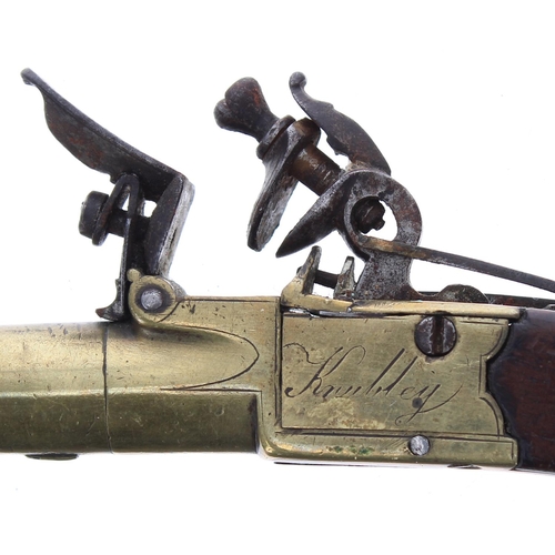 1093 - English late 18th century flintlock box-lock brass pocket pistol signed Knubley, London, .38 calibre... 