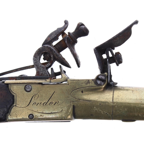 1093 - English late 18th century flintlock box-lock brass pocket pistol signed Knubley, London, .38 calibre... 