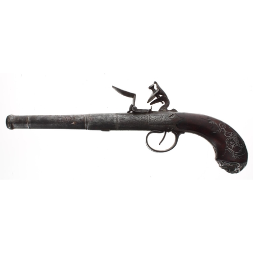 1101 - Mid-18th century flintlock pistol signed T. Peele, two stage steel cannon barrel, .600 calibre, encl... 