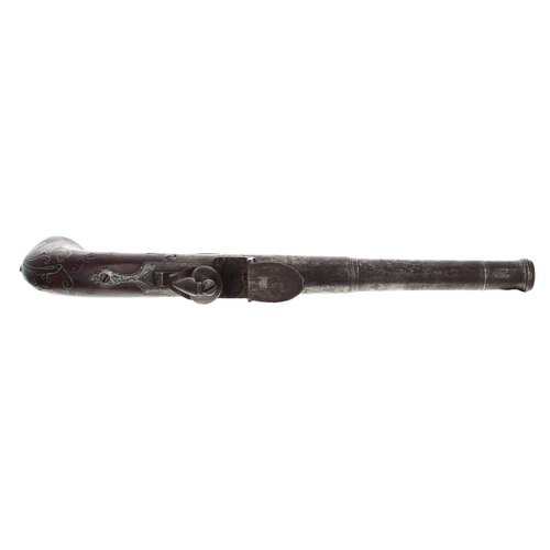 1101 - Mid-18th century flintlock pistol signed T. Peele, two stage steel cannon barrel, .600 calibre, encl... 