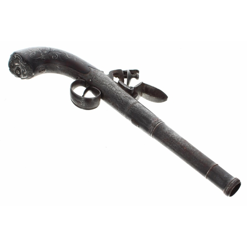 1101 - Mid-18th century flintlock pistol signed T. Peele, two stage steel cannon barrel, .600 calibre, encl... 