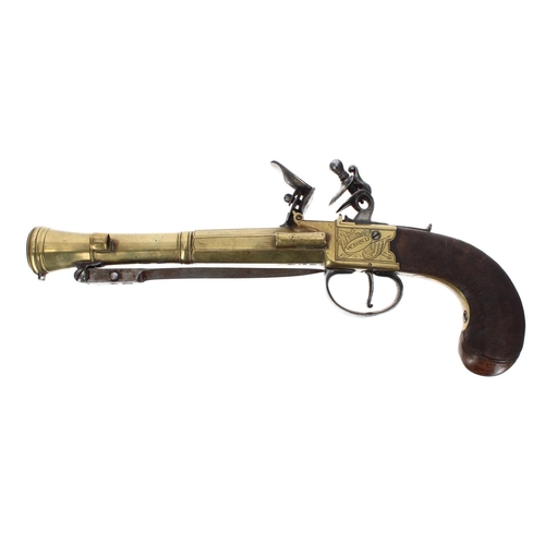 1106 - Good 19th century brass Blunderbuss box-lock pistol with an underside sprung bayonet signed W. Bond,... 