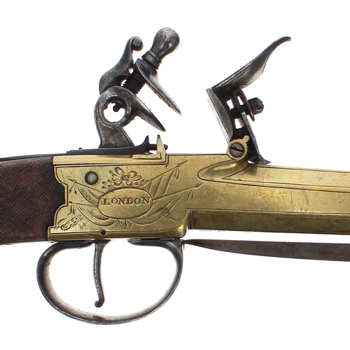 1106 - Good 19th century brass Blunderbuss box-lock pistol with an underside sprung bayonet signed W. Bond,... 