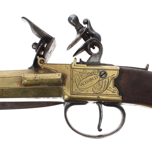 1106 - Good 19th century brass Blunderbuss box-lock pistol with an underside sprung bayonet signed W. Bond,... 