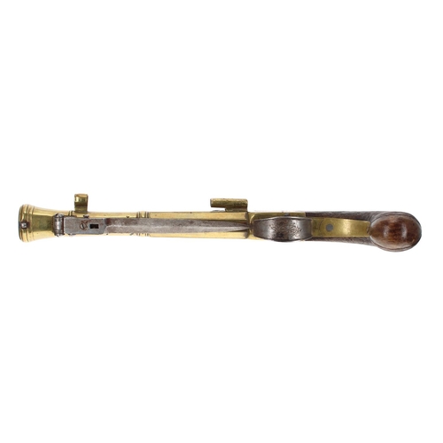 1106 - Good 19th century brass Blunderbuss box-lock pistol with an underside sprung bayonet signed W. Bond,... 