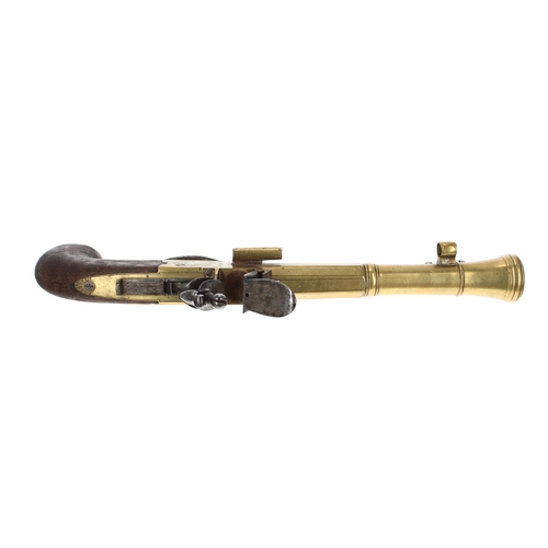 1106 - Good 19th century brass Blunderbuss box-lock pistol with an underside sprung bayonet signed W. Bond,... 