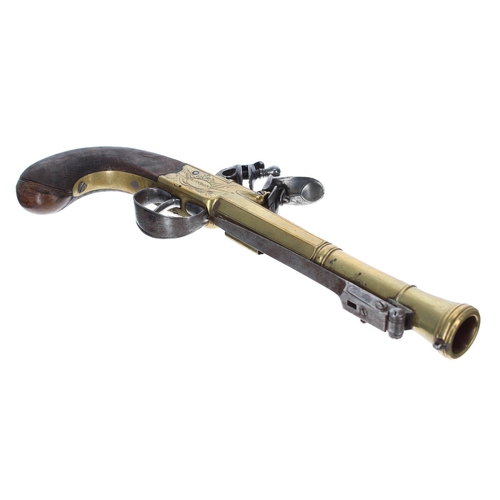 1106 - Good 19th century brass Blunderbuss box-lock pistol with an underside sprung bayonet signed W. Bond,... 