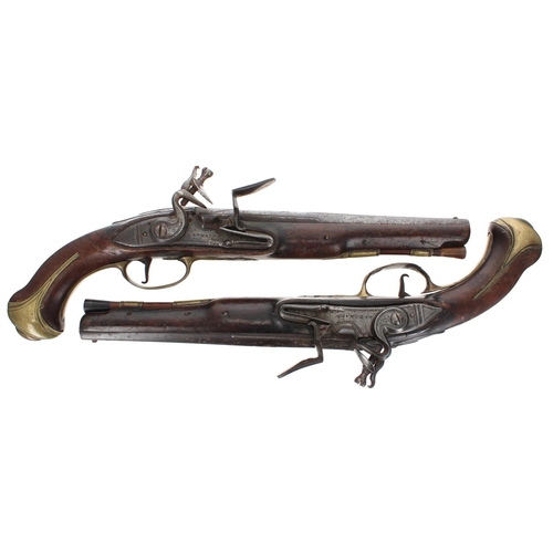 1107 - Pair of 18th century flintlock pistols signed Leonard, circa 1750, .55 calibre, walnut full stocks w... 