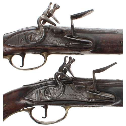 1107 - Pair of 18th century flintlock pistols signed Leonard, circa 1750, .55 calibre, walnut full stocks w... 