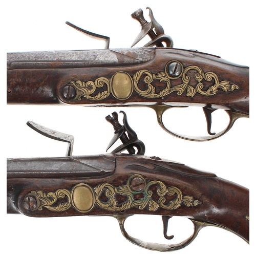 1107 - Pair of 18th century flintlock pistols signed Leonard, circa 1750, .55 calibre, walnut full stocks w... 