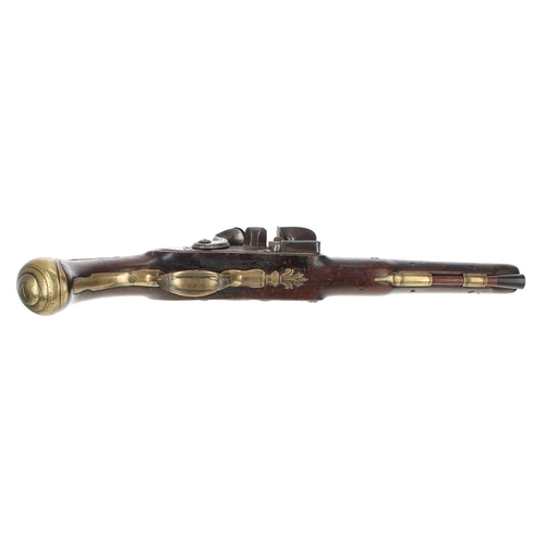 1107 - Pair of 18th century flintlock pistols signed Leonard, circa 1750, .55 calibre, walnut full stocks w... 