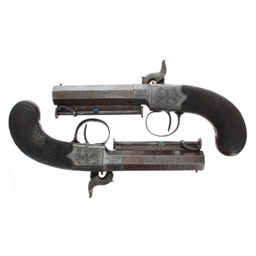 1109 - Fine pair of boxed percussion pistols signed Theo Richards, with Damascus barrels, .500 calibre, swi... 