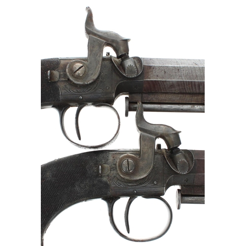 1109 - Fine pair of boxed percussion pistols signed Theo Richards, with Damascus barrels, .500 calibre, swi... 