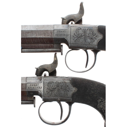 1109 - Fine pair of boxed percussion pistols signed Theo Richards, with Damascus barrels, .500 calibre, swi... 