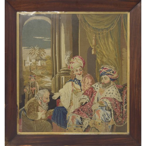 1027 - Large 19th century needlework picture of a palace interior with two royals and a servant, 30