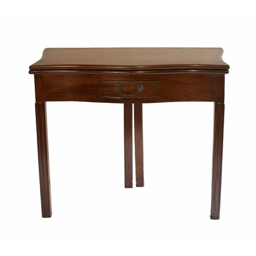 1358 - George III mahogany serpentine foldover tea table, with a single frieze drawer upon chamfered square... 