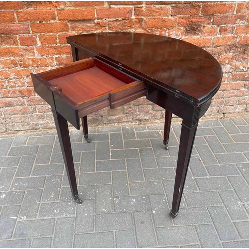 1368 - 19th century mahogany demi-lune foldover games table, the baize lined interior over a blind fret car... 