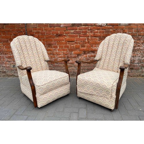 1387 - Pair of 1930s oak framed upholstered armchairs, with decorative reeded padded backs, 26