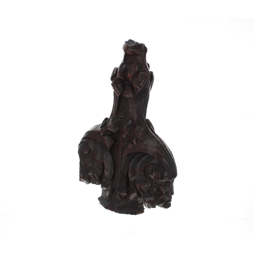 906 - Advent Hunstone carved oak pew end poppy-head finial, stamped by maker, worked also with figural fac... 