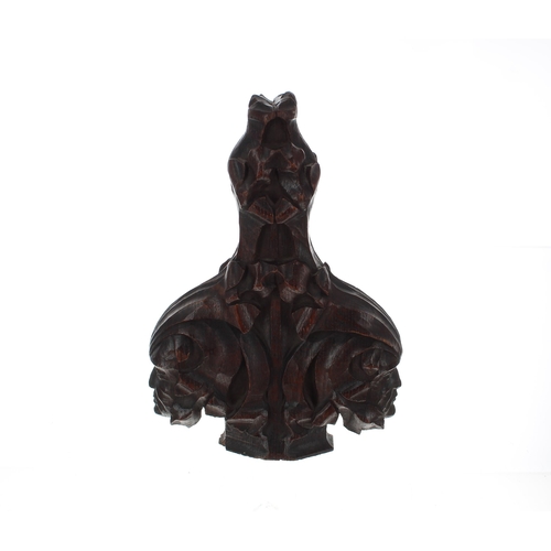 906 - Advent Hunstone carved oak pew end poppy-head finial, stamped by maker, worked also with figural fac... 