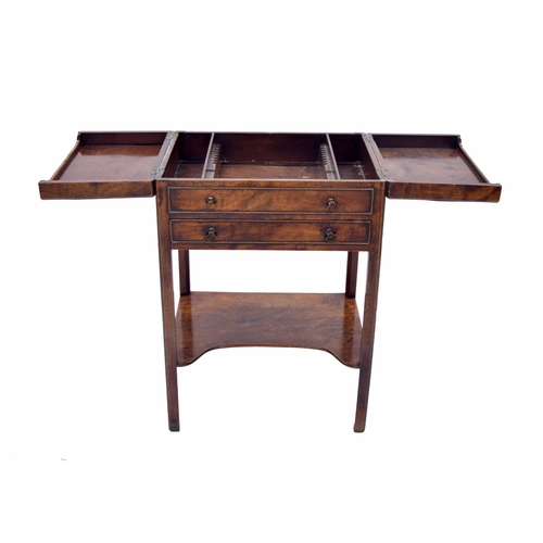 947 - Sheraton style mahogany dressing table, the twin hinged top enclosing an open interior (lacking mirr... 