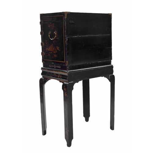 959 - 19th century Chinese lacquer and brass mounted cabinet on stand, the decorated cabinet with two door... 