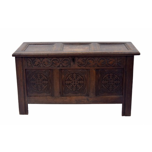 969 - 17th century and later oak triple panel coffer, the hinged cover enclosing an open box interior, ove... 