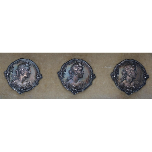 568 - Set of six Art Nouveau silver buttons, each cast in low relief with side profiles of a maiden in a f... 