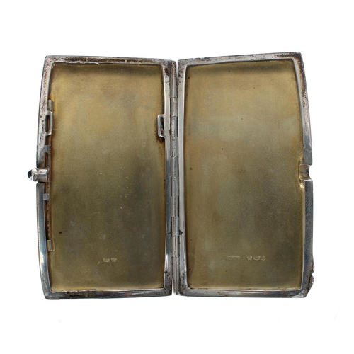 588 - George V silver cigarette case, the engine turned and foliate cast spring hinged cover with stone se... 