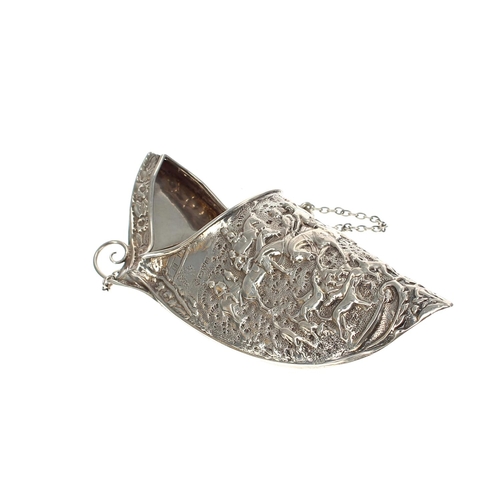 589 - Novelty Edwardian silver wall pocket on chain, modelled as a slipper with hunting scene decoration, ... 