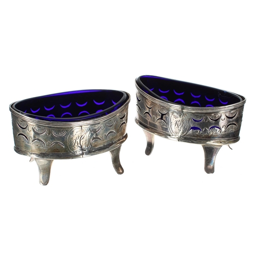 602 - Pair of Georgian boat shaped silver salts with bright-cut decoration, maker TW (possibly Thomas Whea... 